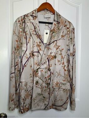 NWT Pierre-Louis Mascia Japanese Floral Print Double-Breasted Silk Blazer -M